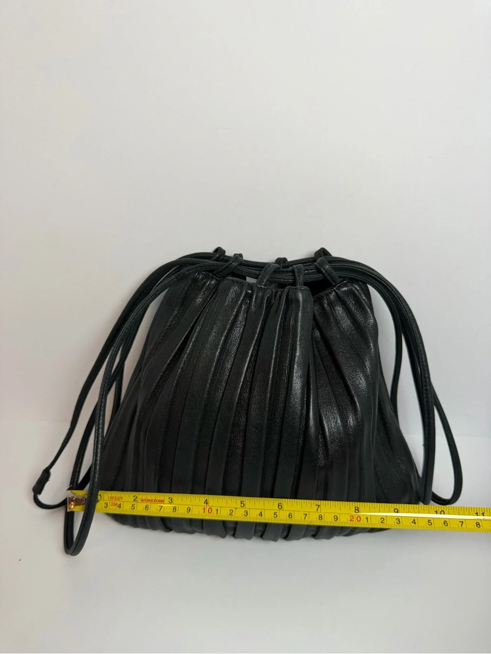 Giorgio Armani Drawstring Black Pleated Leather Bucket Bag